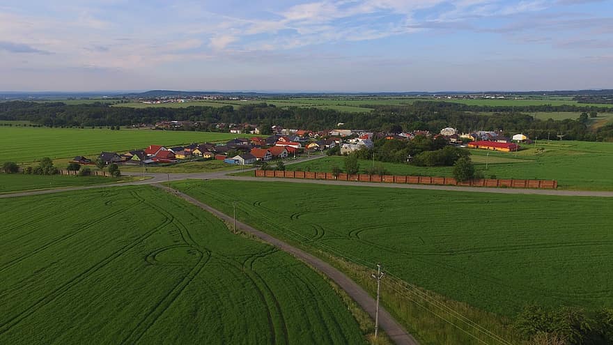 поля, село, сільський, панорама, будинків, дорога, ферми, сільській місцевості, Přáslavice