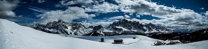 Mountains, Snow, Cabins, Huts, Hills, Peaks, Clouds, Sky, Alpine, Nature