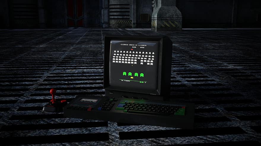 invasori spaziali, 8 bit, atari, computer, 8bit, vecchio, obsoleto, alieno, tastiera, tecnologia, tenere sotto controllo