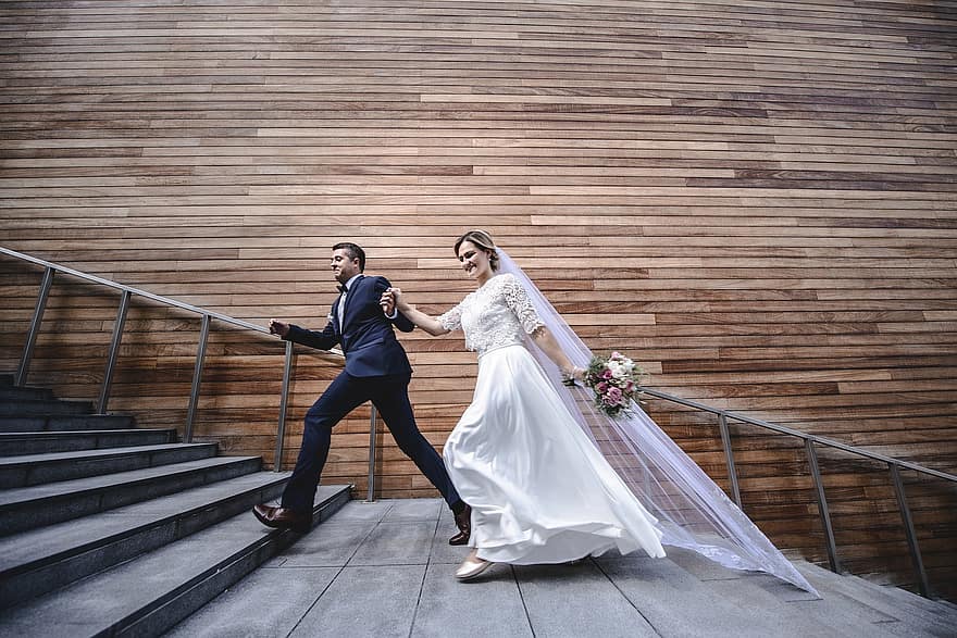 Wedding, Couple, Running, Stairs, Love, Romantic, Relationship, Bride, Groom, Together, Family