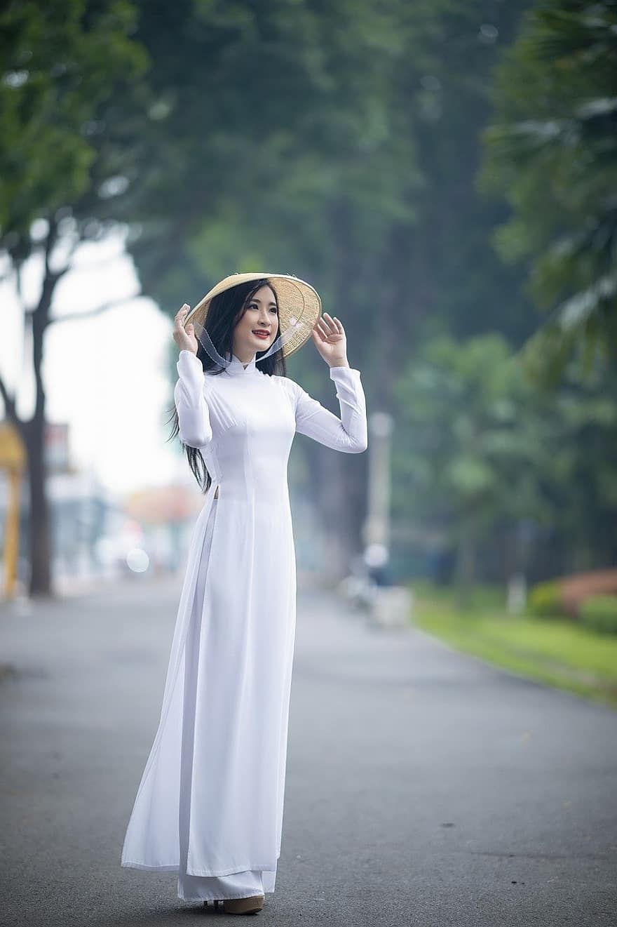 ao dai, divat, nő, vietnami, Vietnami nemzeti ruha, Fehér Ao Dai, kúpos kalap, hagyományos, szépség, szép, lány