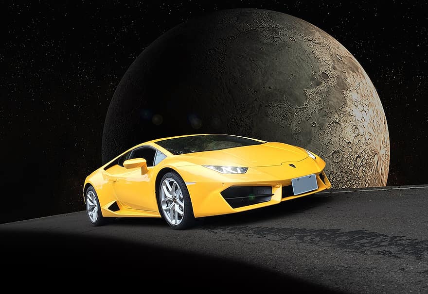 млечен път, луна, Lamborghini, спортна кола, състезателен автомобил, Автоматичен, автомобил, редактиране на изображения, метален, отражения на слънцето, сянка