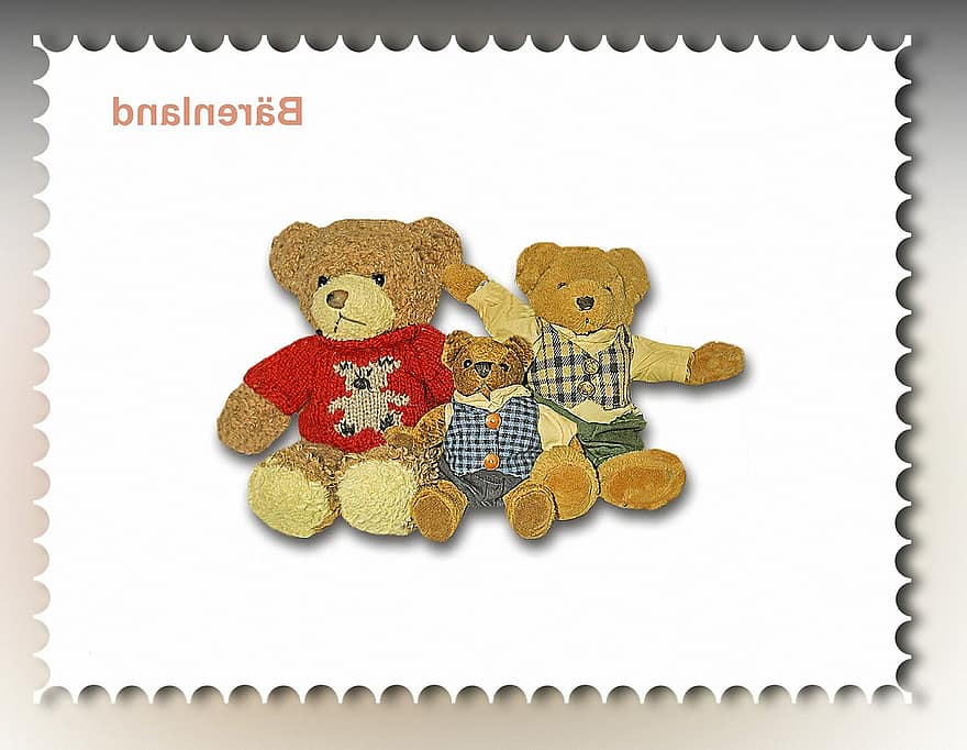 우표, 곰, 껴안다, 동물, 단, 테디 베어들, 모피, 부드러운 장난감, 장난감, 박제 된 동물, 곰 가족