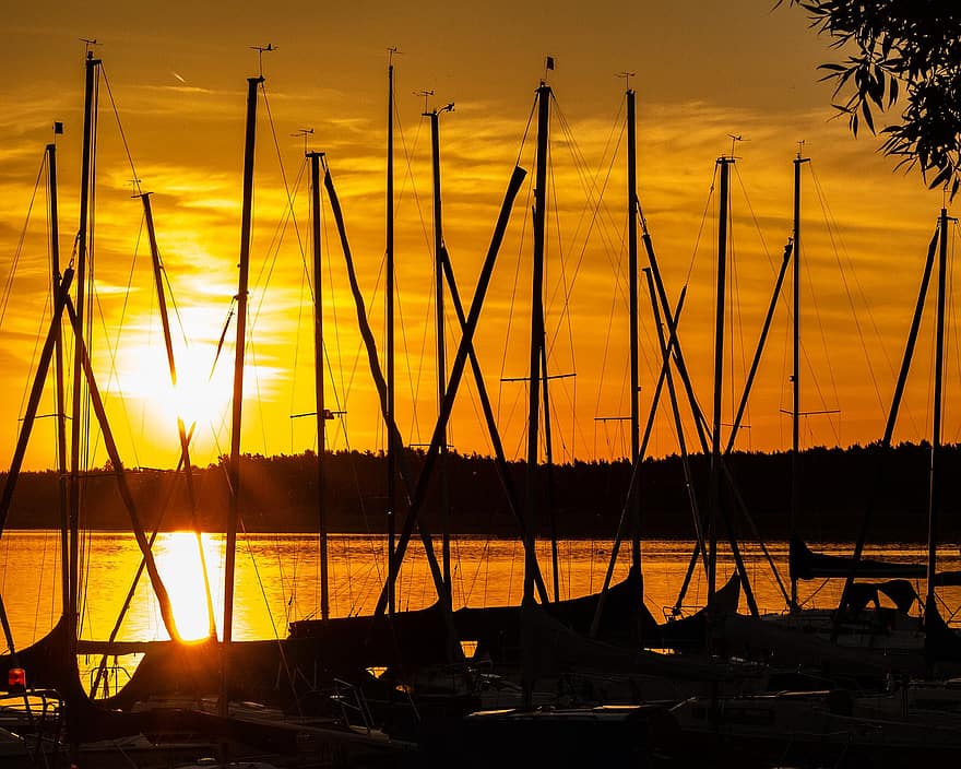 Lake, Rothsee, Reservoir, Germany, Port, Harbor, Sunset, Boats, Twilight, nautical vessel, dusk