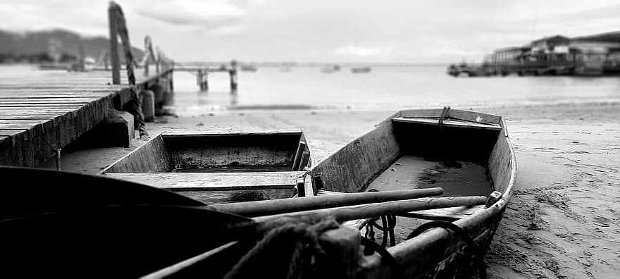 barco, Praia, rem, preto e branco, horizonte, vintage, retro, Dois Barcos