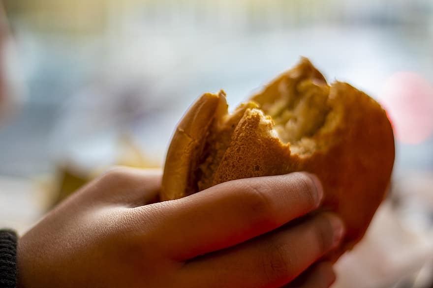 hamburguesa, mordedura, comida, comida rápida, comiendo, Sandwich, mano, niño, de cerca, mano humana, postre