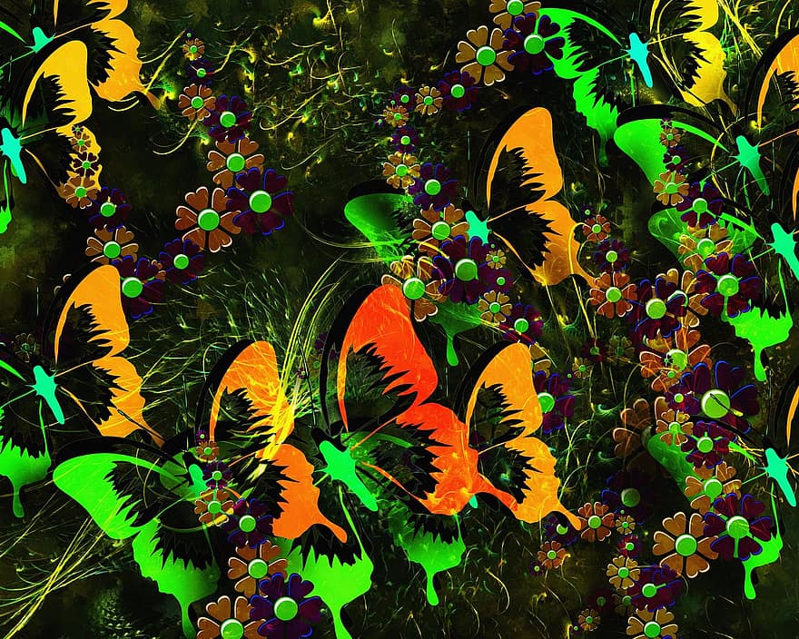 пеперуда, абстрактен, цветя, дигитално изкуство, изкуство, цифрова живопис, декоративен, украса, цветен, заден план, фона