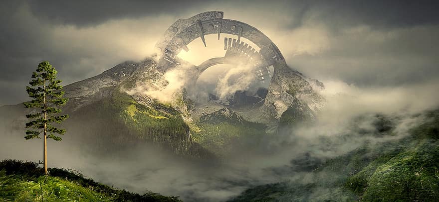 Landscape, Mountain, Clouds, Light, Mystical, Magic, Architecture, Bow, Surreal, Fantasy, Tree