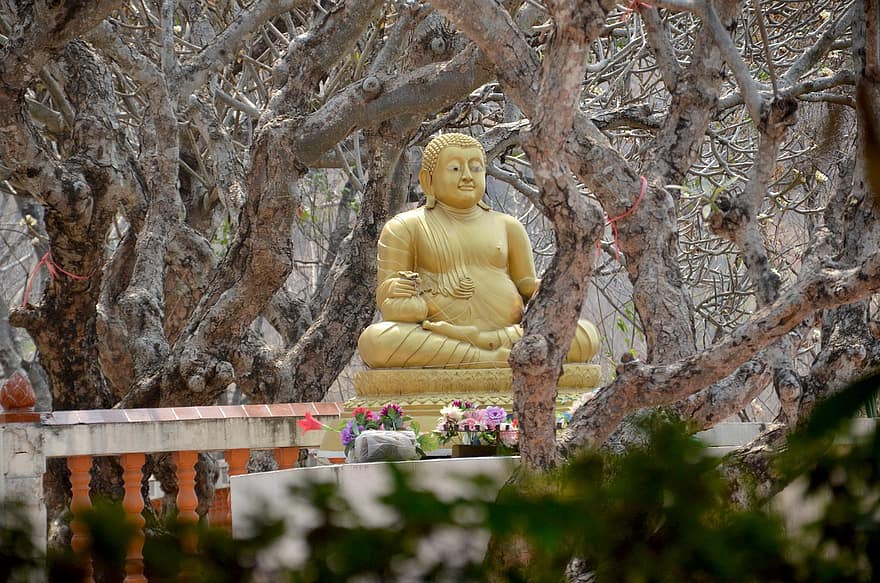 Buddha, szobor, kert, szerzetes, buddhizmus, természet, fák, vallás, kultúrák, lelkiség, fa