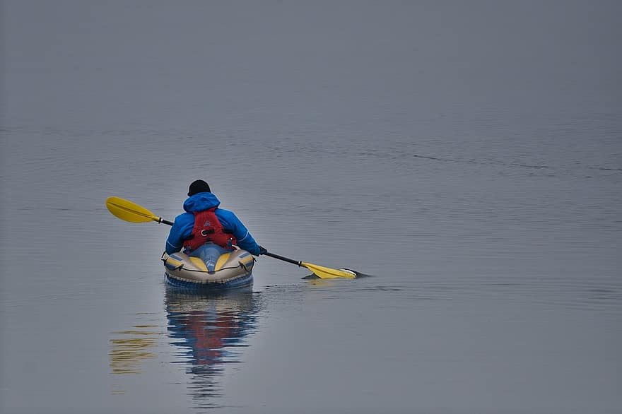 kayac, bote, paleta, lago, niebla, actividad, ocio, activo, persona, estilo de vida