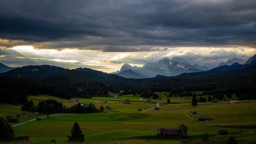 алпийски, планини, пейзаж, природа, ливада, Бавария, панорама, туризъм, почивки, Алгой, облаци