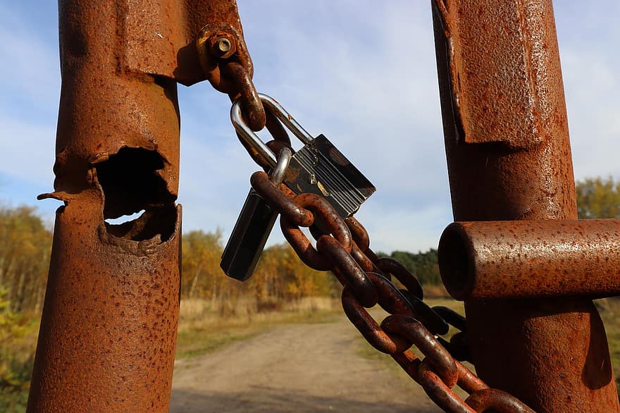 bloquear, portón, antiguo, moho, oxidado, metal, cadena, acero, planchar, industria, de cerca