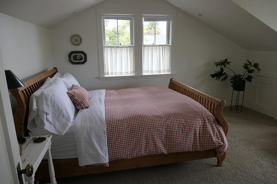 sypialnia, wewnątrz, łóżko, sen, bawełniany materiał w kratkę, okno, pokój domowy, poduszka, nowoczesny, wygodny, wnętrze domu
