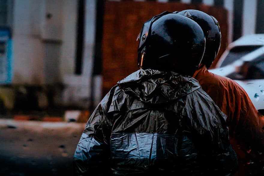Motorcycle, Scooter, Raincoat, Helmets, Rain, Vespa, Motor, Street, Background, Bandung, Plate