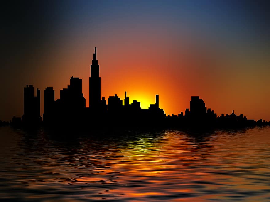 città, silhouette, tramonto, acqua, mirroring, riflessione, onda