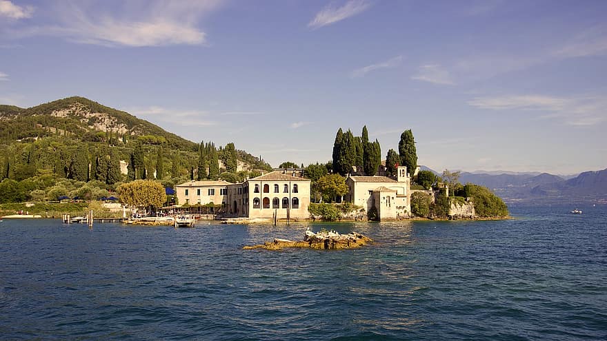 hồ nước, nhà ở, cây, rừng, gỗ, bờ biển, Hồ Garda, punta san vigilio, Garda, Nước Ý, mùa hè