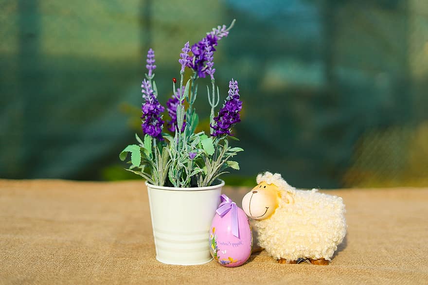 игрушка, яйцо, Пасха, пурпурный, цветок, летом, ваза, завод, трава, зеленого цвета, крупный план
