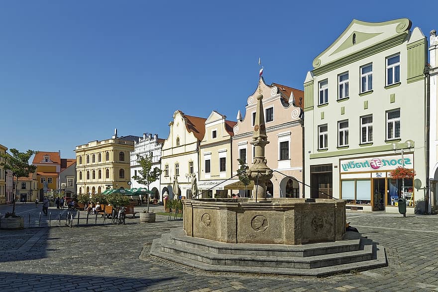 Tjekkiet, bygget, Třeboň, by, historiske centrum, historisk, bygning, byens torv, springvand, bohemia, sydlige bohemier
