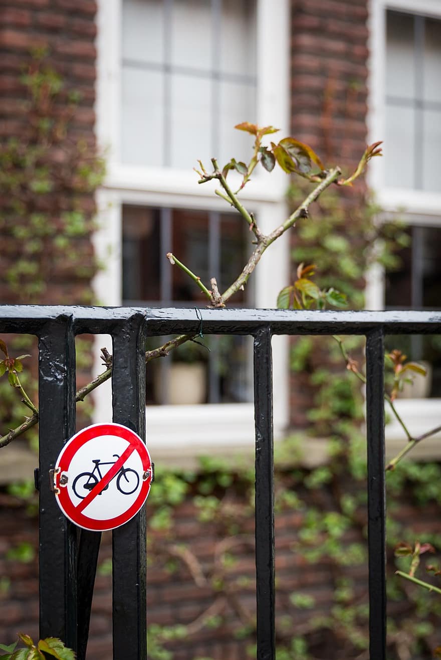 jardí, Senyal de no bicicletes, amsterdam, casa, a l'aire lliure, ciutat