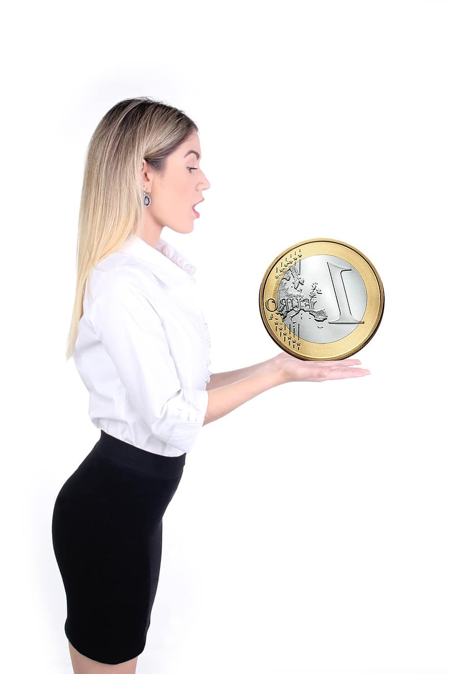 kvinna, mynt, euro, pengar, investering, finansiell, euromynt, euro pengar, affärskvinna, företag, betalning