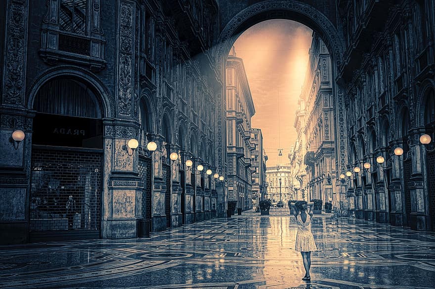 женщина, строительство, галерея, круглая арка, лампы, фигура, зал, Милан, Италия, архитектура, Витторио-эммануэле