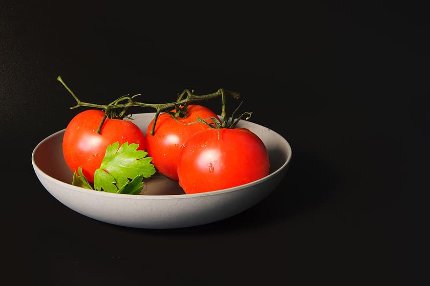 ēdiens, Klusā daba, tomāti, dārzeņi, virtuve, gatavot, svaigumu, tomātu, tuvplāns, veselīga ēšana, lapas