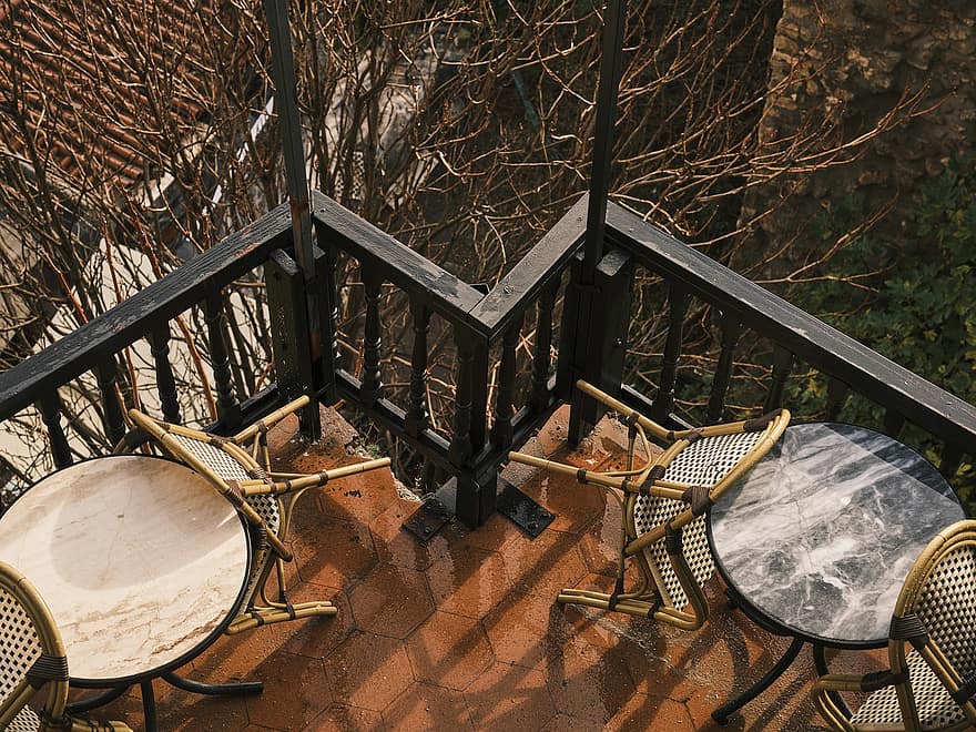hus, balkon, stol, cafe, restaurant, mad, bord, selskabelighed, våd, regn, efterår