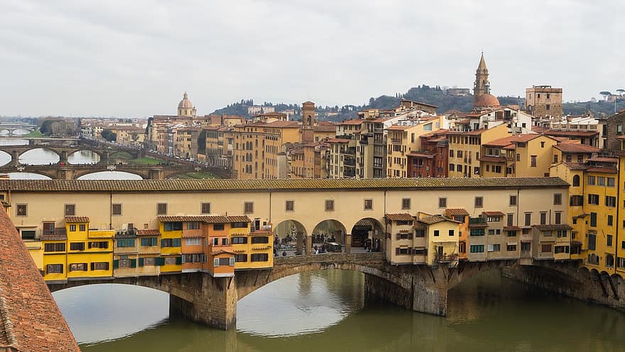 Понте Веккио, мост, река, Арочный мост через реку, ориентир, здания, архитектура, исторический, город, Флоренция, Италия
