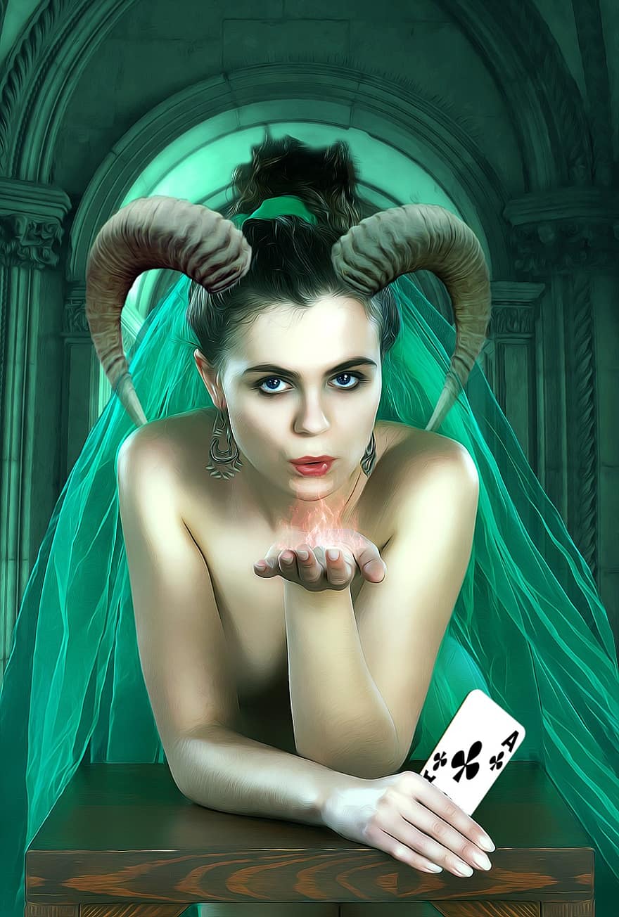 gotisk, fantasi, kvinne, fantasy kvinne, Absinth Fairy, grønn fe, grønn heks, horn, slør, heks, magi
