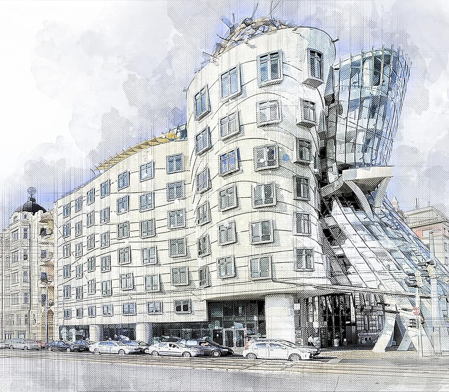 gebouw, het dansende huis, Praag, architectuur, stad, stad-, stedelijk, modern, elegant, digitale manipulatie