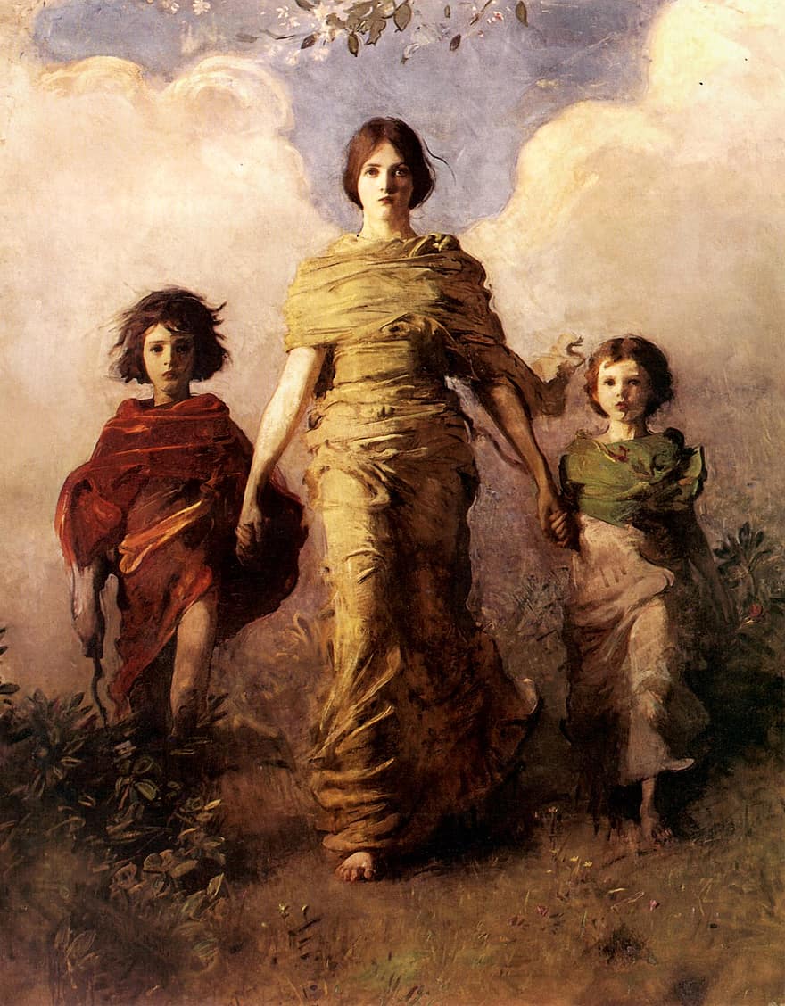 malování, umělecká díla, umění, vinobraní, Abbott Thayer, 1892, panna, žena, děti, plátno, alegorie