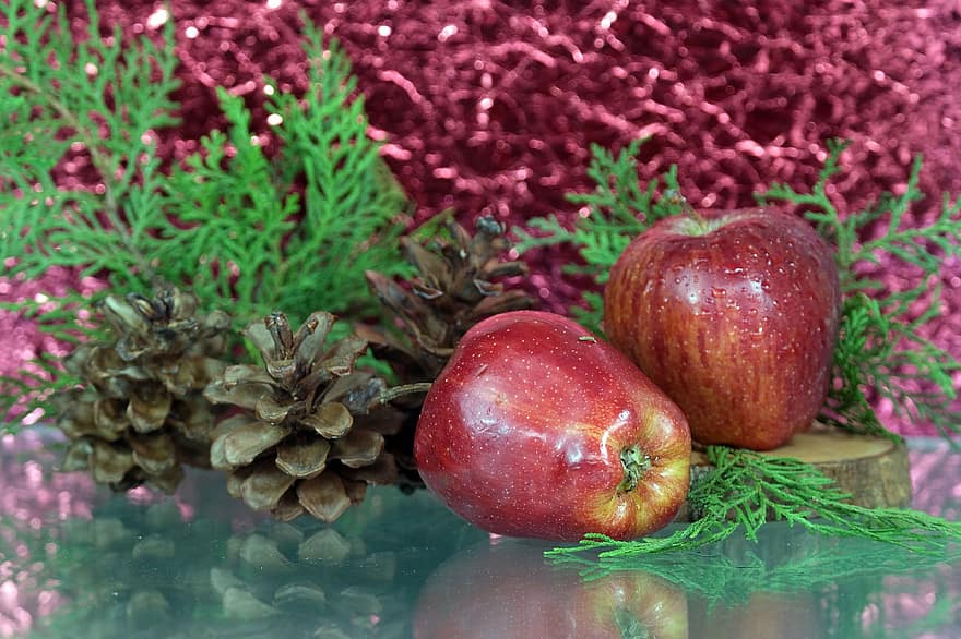 æble, frugt, grankogle, friskhed, blad, mad, tæt på, grøn farve, organisk, baggrunde, sund kost