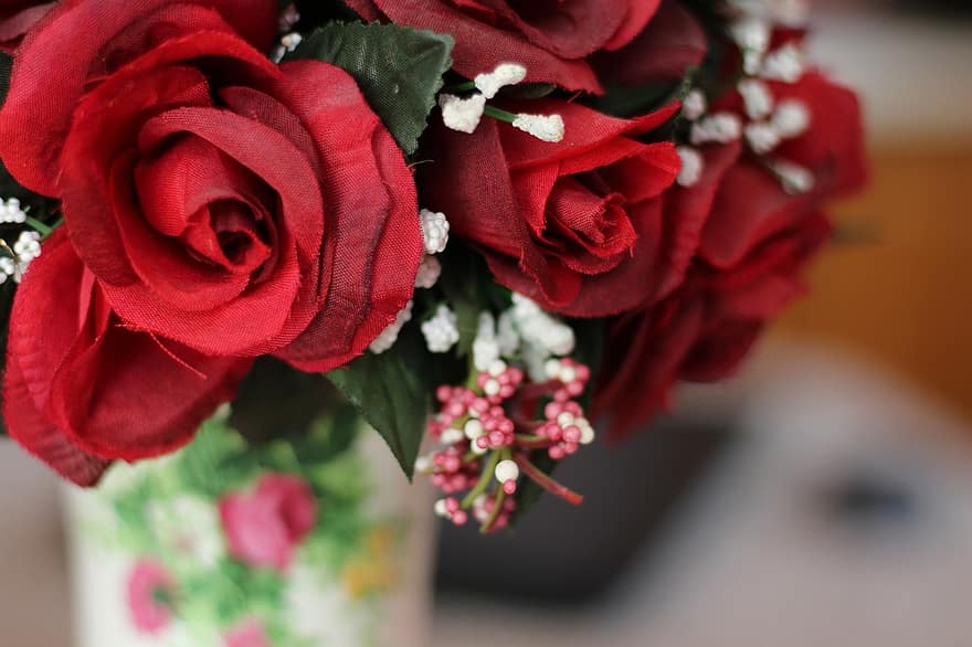 rosas, flores, vaso, rosas vermelhas, pétalas, flor, Flor, cortar flores, plantar, decorativo, decoração
