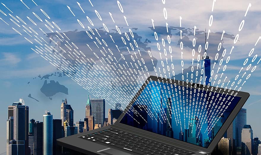 New York, Skyline, Laptop, Monitor, Binary, One, Null, Digital, Continents, Computer, Internet