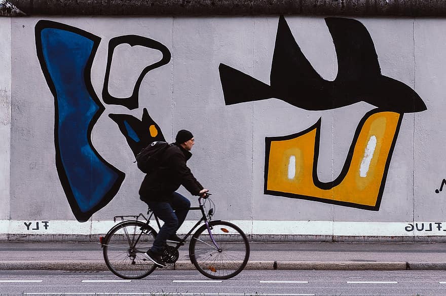 paret, ciclista, paret de Berlín, art, resum, graffiti, monument, memorial, homes, vida de ciutat, bicicleta