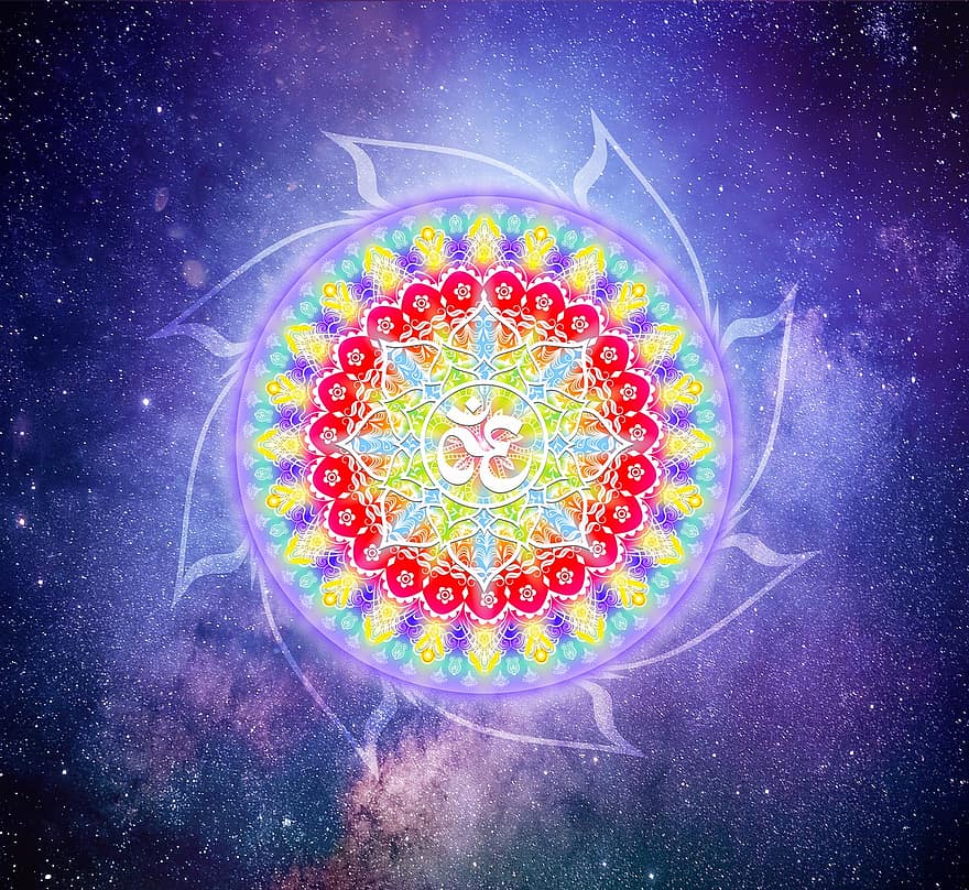 mandala, jóga, ohm, elmélkedés, szimbólum, zen, lélek, csillagok, tér, világegyetem, absztrakt