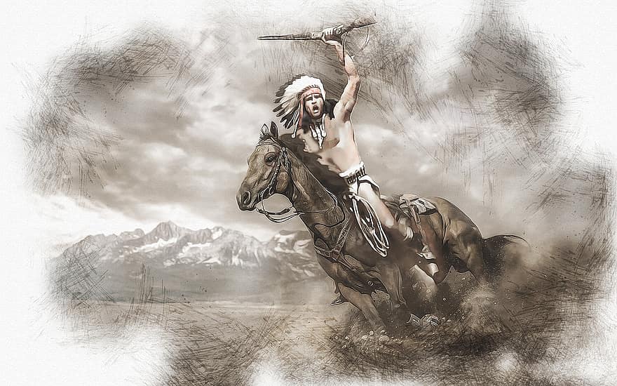 Американският индианец, кон, езда, история, изкуство, илюстрация, акварел, местен