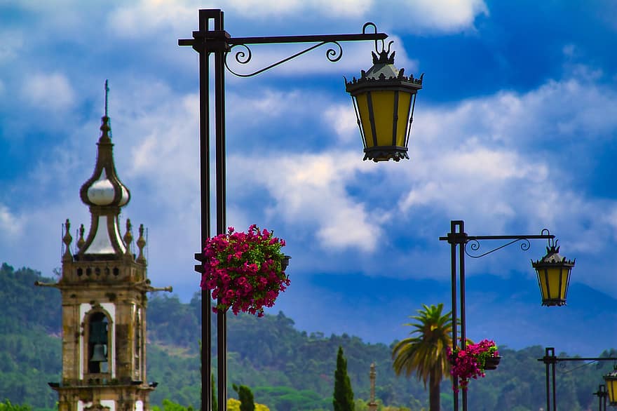 pouliční osvětlení, květiny, ponte de lima, Portugalsko, most, jaro, světlo, lucerna, pouliční lucerny, věž, kostel