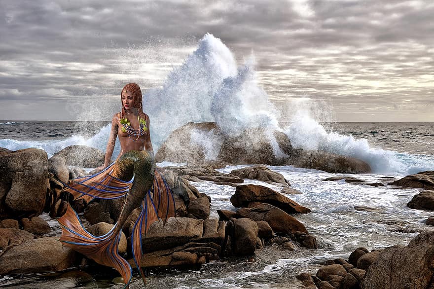 sfondo, rocce, oceano, onde, sirena, fantasia, femmina, personaggio, arte digitale, acqua, onda