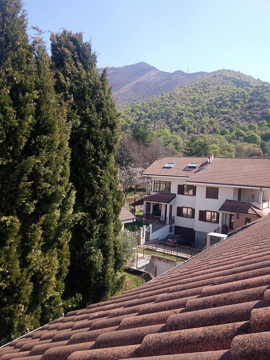 katto, talot, vuori, kaakeloitu katto, kylä, rakennukset, Puut, Musiikin, Torino, Piemonte