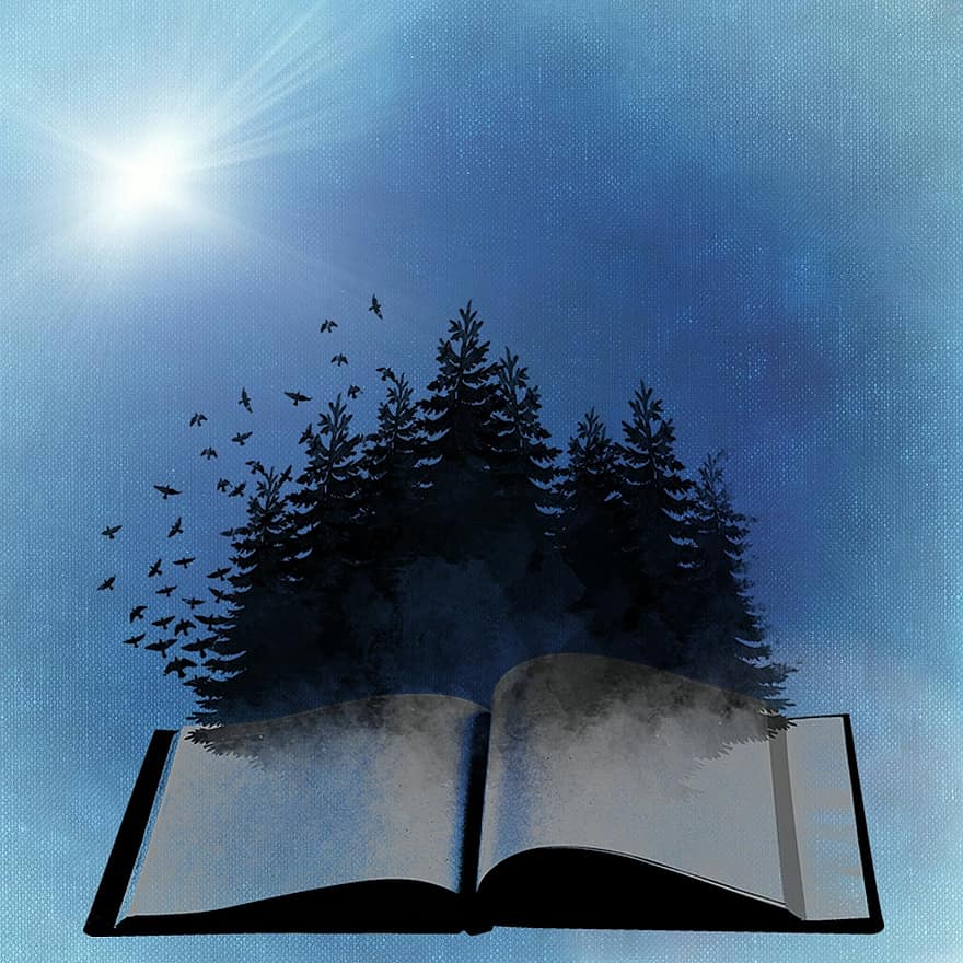 книга, деревья, сюрреалистичный, лес