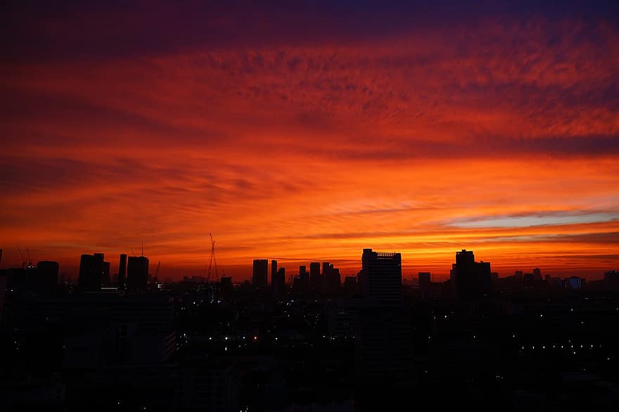 zachód słońca, Bangkok, Miasto, niebo, tło, piękny, Niebieski wybuch, Podniebny boom