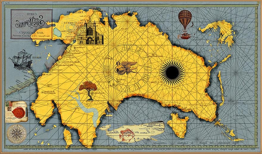 карта, карта на света, фантазия, научнофантастичен, континенти, остров, стиймпънк, картография, илюстрация, топография, физическа география