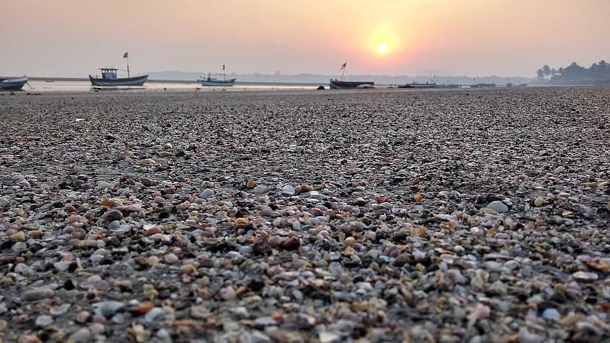 India, guijarros, playa, puesta de sol, mar, naturaleza, amanecer, mumbai, línea costera, verano, arena