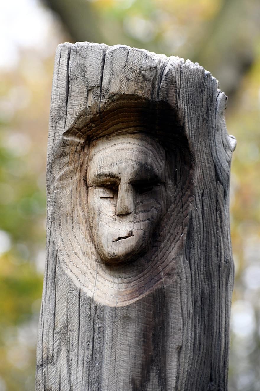 Wooden Sculpture, Exhibition, wood, tree, forest, close-up, old, religion, human face, focus on foreground, statue