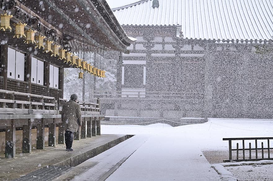 zimowy, pora roku, Azja, koyasan, mężczyzna, śnieg, mężczyźni, kultury, architektura, znane miejsce, religia
