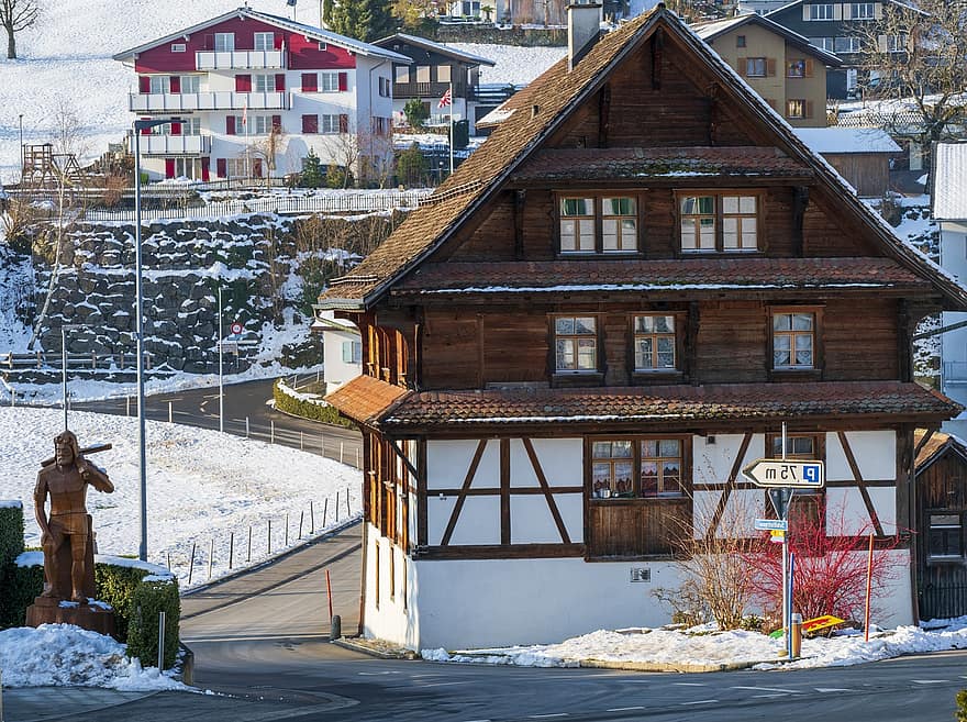 дома, деревня, зима, Дорога, снег, здания, архитектура, холодно, мороз, Morschach, Швейцария