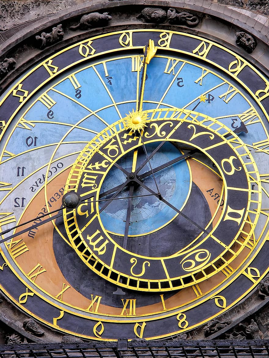 czas, zegar, Wybierz, astrologia, zegar słoneczny, Praga, Czech, stary, miasto, plac, turystyka