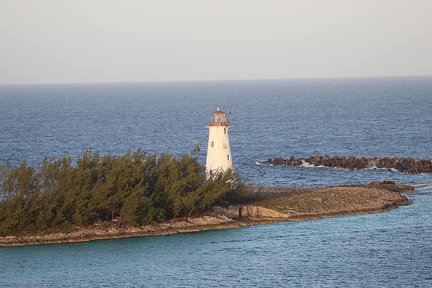 phare, île, mer, Nassau, croisière, plate-forme, littoral, eau, bleu, vague, paysage marin