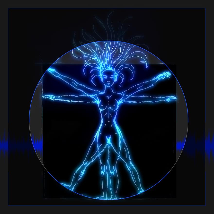 Vitruvian Man、ネオン、音楽、女性、輝く、黒の背景